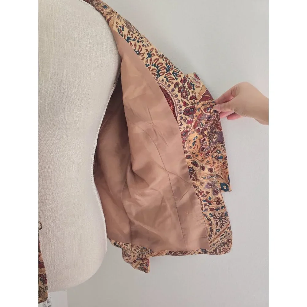Adrianna Papell Silk Brown Floral Paisley Button Boho Vintage Jacket Blouse 10 M - Picture 9 of 12